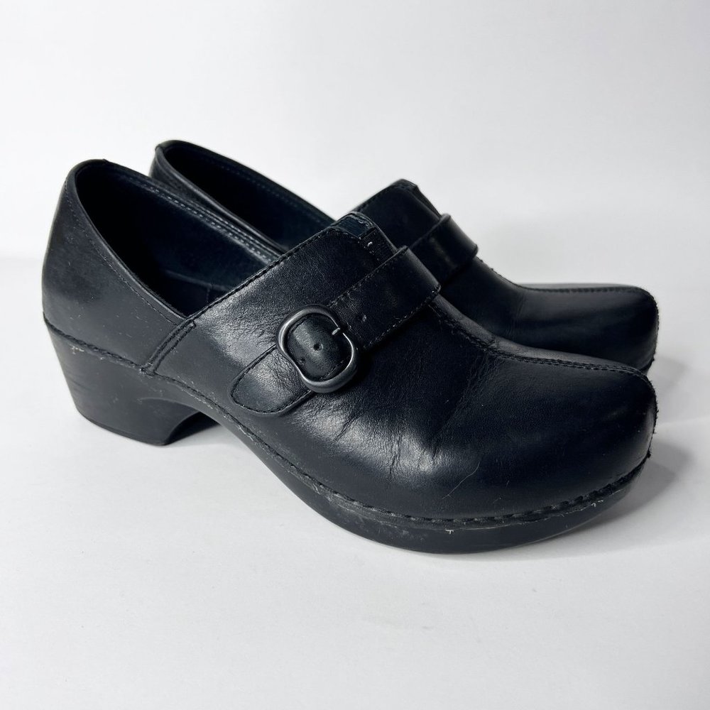 Dansko Clogs Heel Black Leather Shows Comfort Slip On w/ Buckle Women's 38 7.5-8